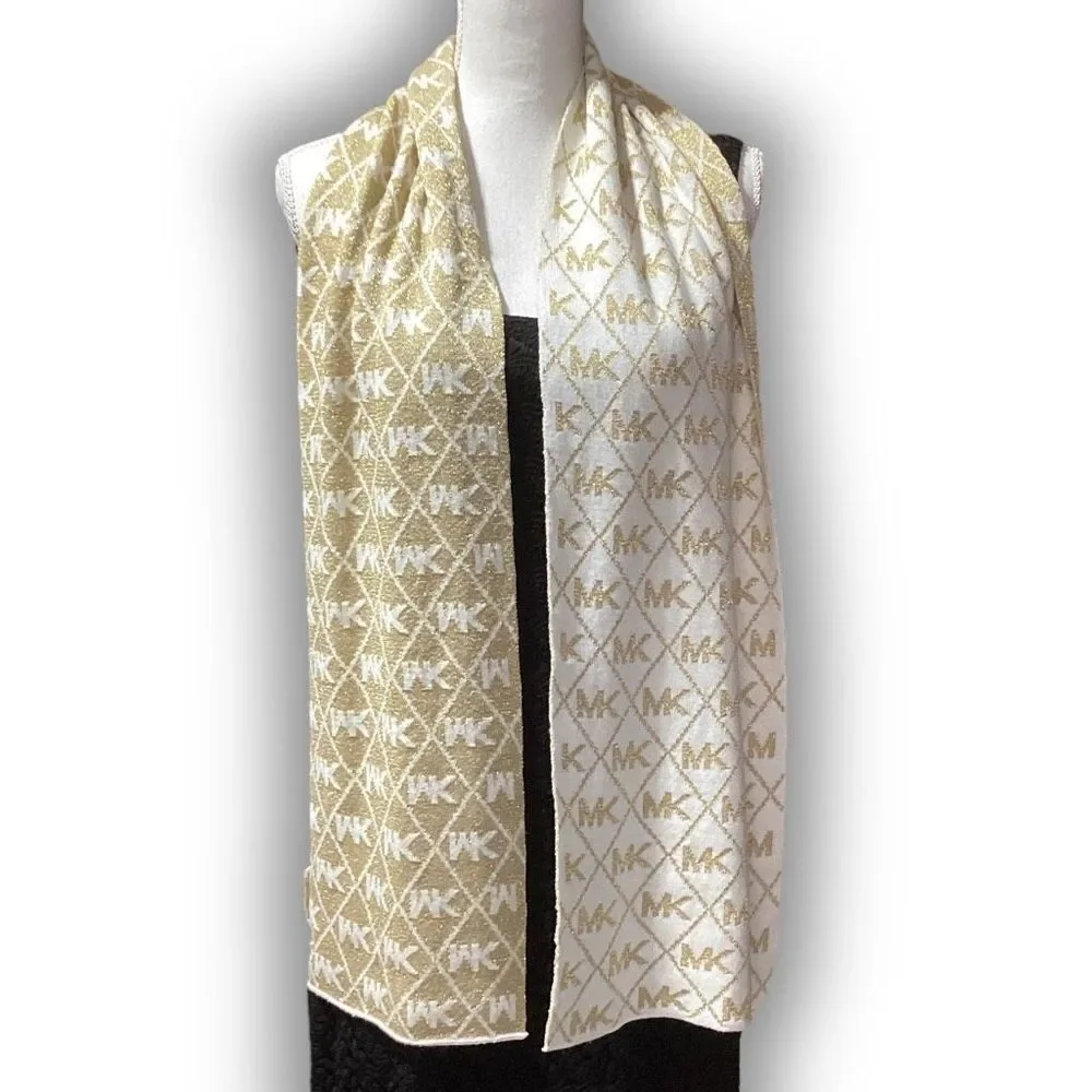 MICHAEL Michael Kors Signature Logo Sparkly Glittery Gold & Cream Colored Scarf